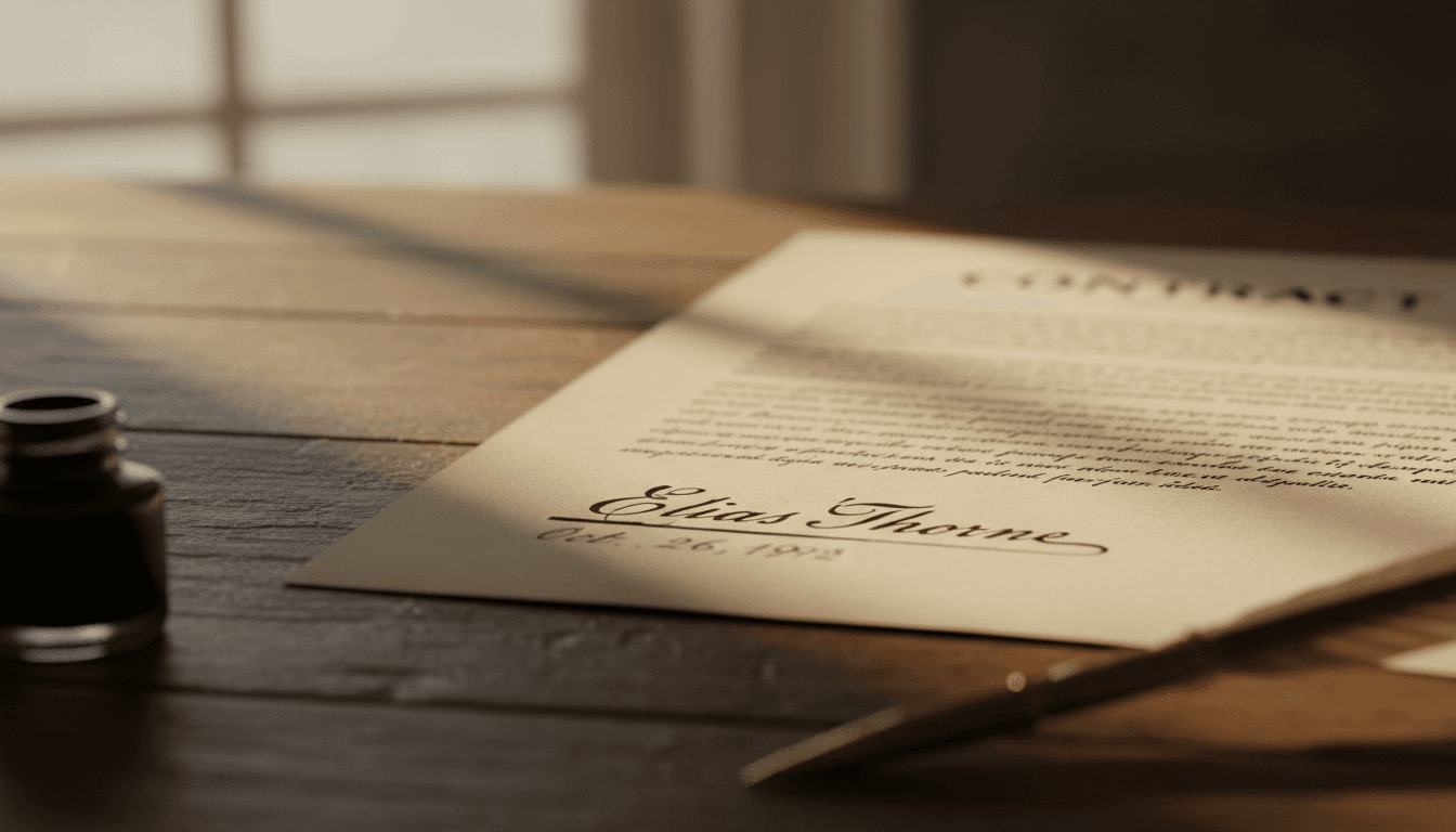 Unsigned contract pages lying on a wooden desk