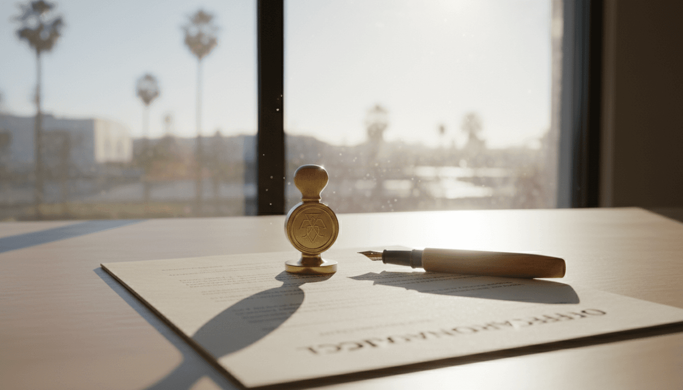 Notary seal on a signed document next to a pen on a wooden desk