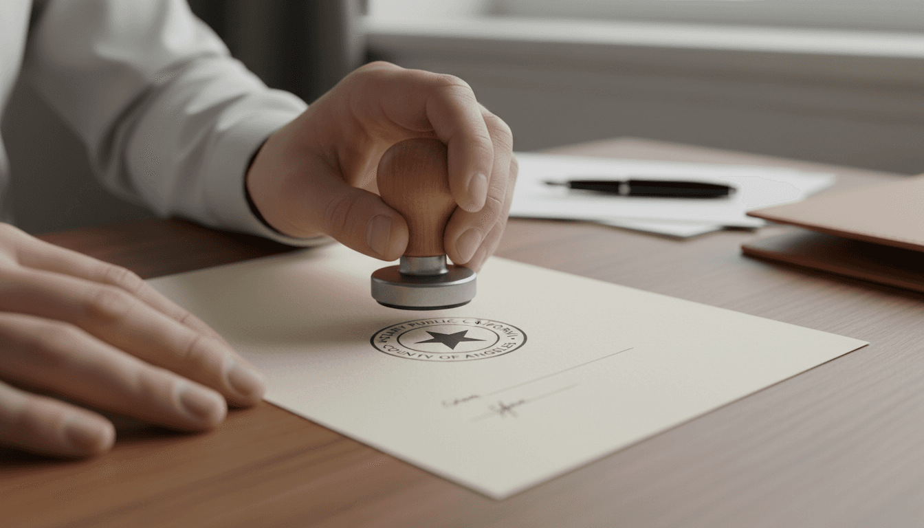 Notary stamp pressing onto a document on a wooden desk, captured in warm natural light